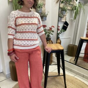 Top maille ajourée écru & corail